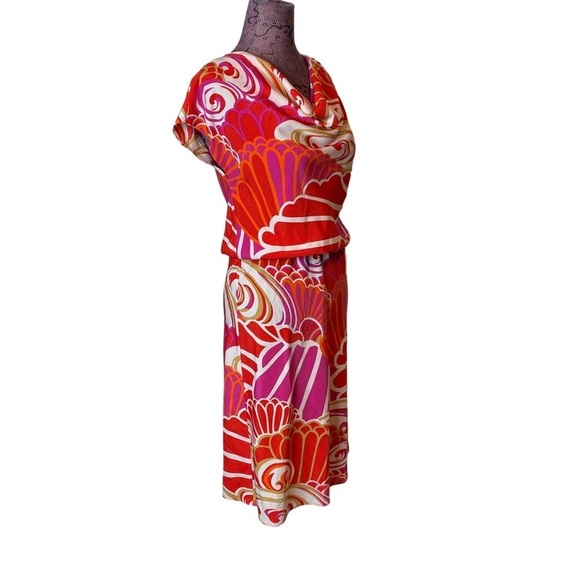 Natori Sz XS Stand Out Floral Cowl Neck Dress Orange Red - Picture 3 of 6